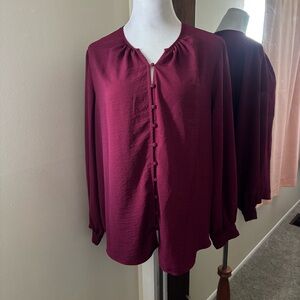 Nine West Button Front Blouse Top Balloon Sleeve Burgundy Size Large L